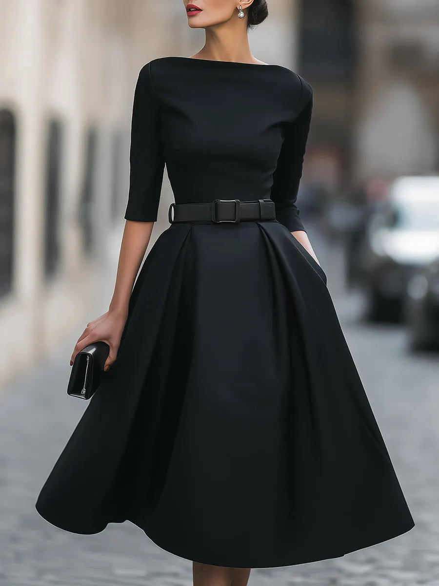 Belted Bateau-Neck Half-Sleeve A-Line Midi Dress