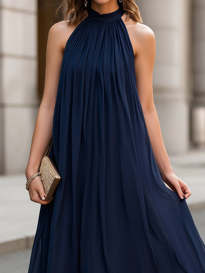 Halter Neck Pleated Chiffon Maxi Dress