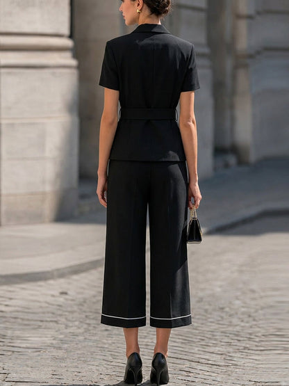 Short Sleeve Belted Blazer & White Piped Cropped Wide Leg Culottes Two-Piece Suit Set