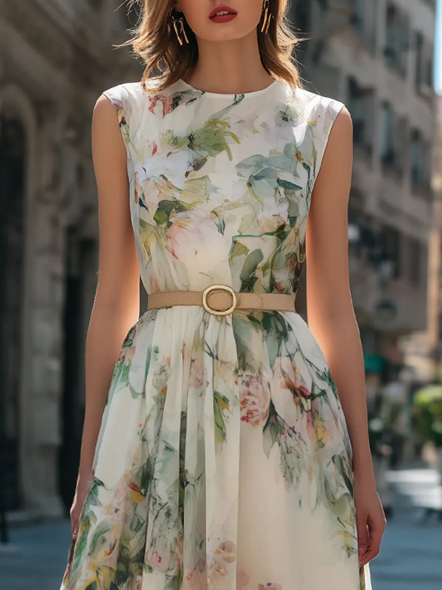 Watercolor Floral Sleeveless Belted Midi Dress