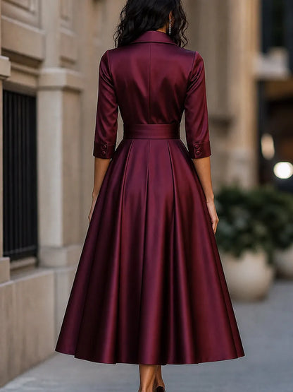 Elegant Satin Notched-Lapel Button-Front A-Line Midi Dress