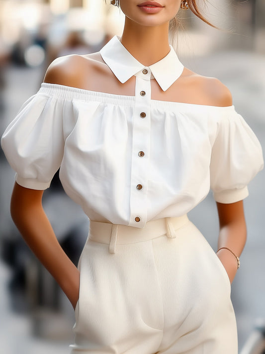 Blusa Chic Ombro a Ombro com Botões e Gola de Destaque