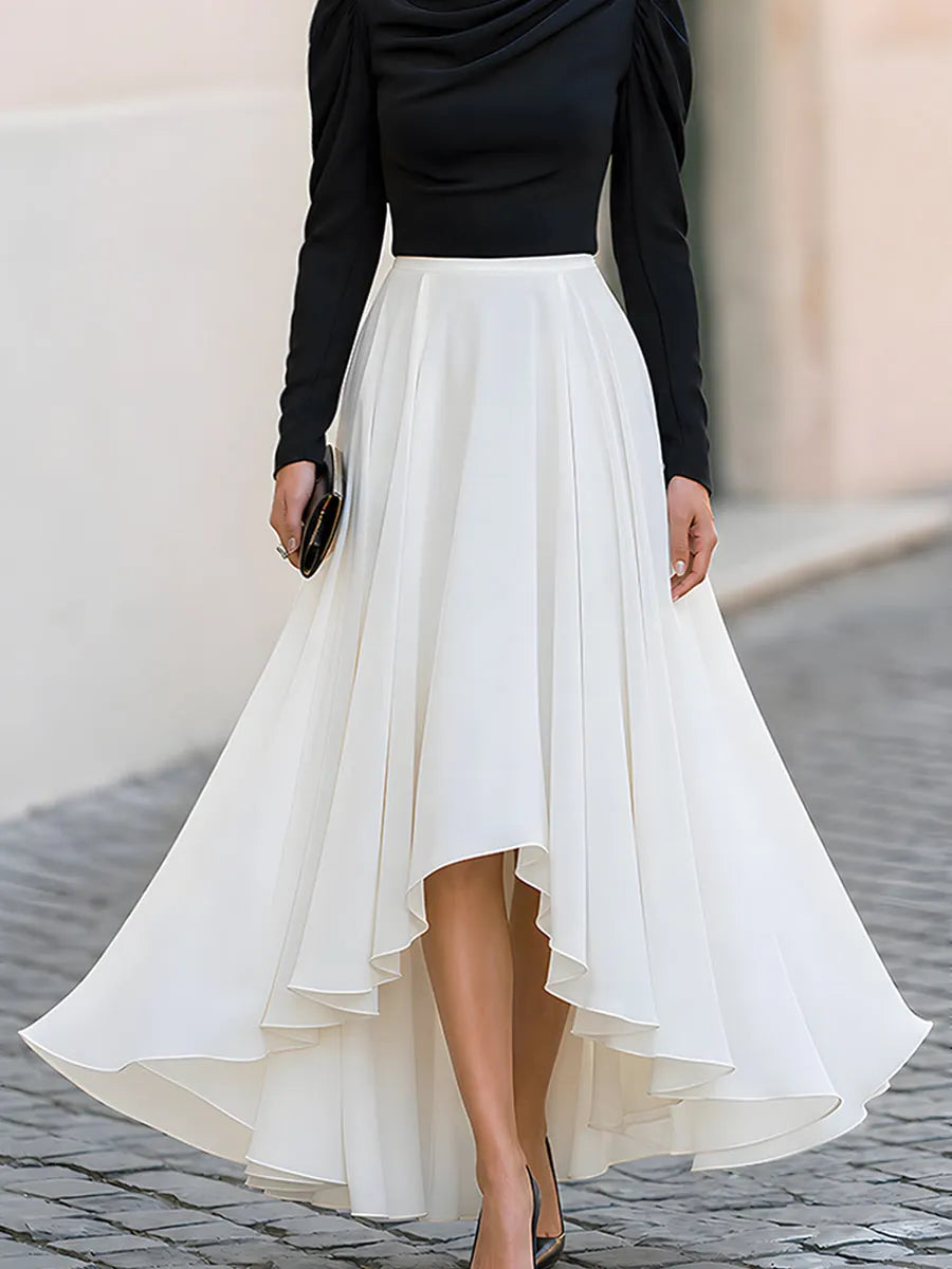 Draped Neck Puff Sleeve High-Low Maxi Dress