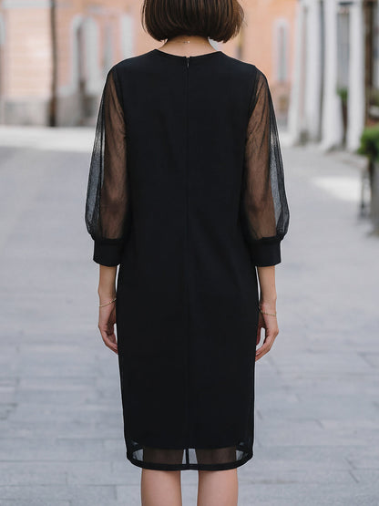 Mesh Puff Sleeve Crew Neck Shift Midi Dress
