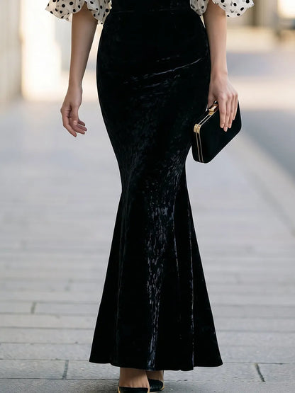 Polka-Dot Puff Sleeve Off-Shoulder Velvet Mermaid Evening Gown