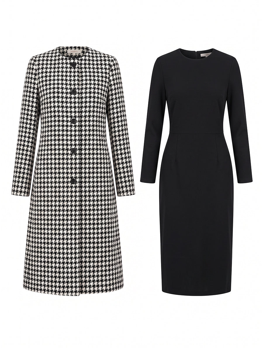 Black & White Houndstooth Coat & Black Midi Dress Two-Piece Co-Ord Set
