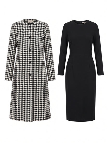 Black & White Houndstooth Coat & Black Midi Dress Two-Piece Co-Ord Set