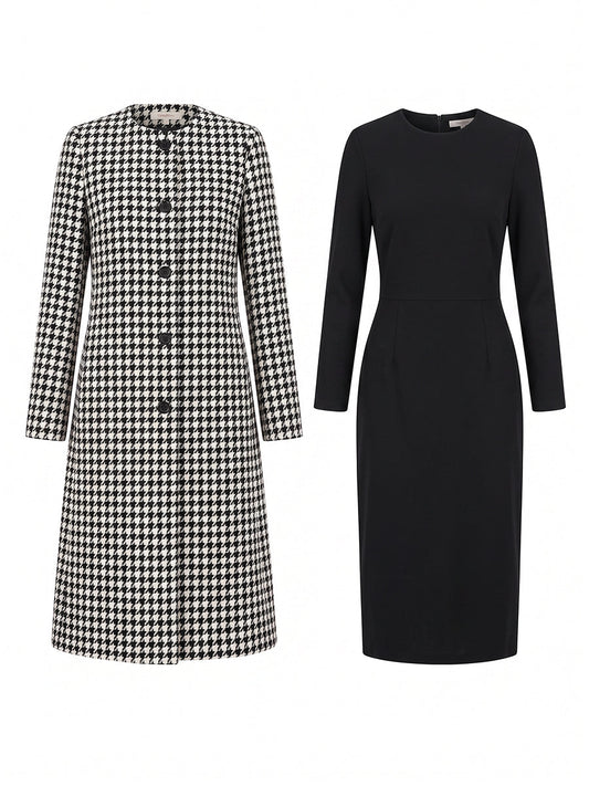 Black & White Houndstooth Coat & Black Midi Dress Two-Piece Co-Ord Set