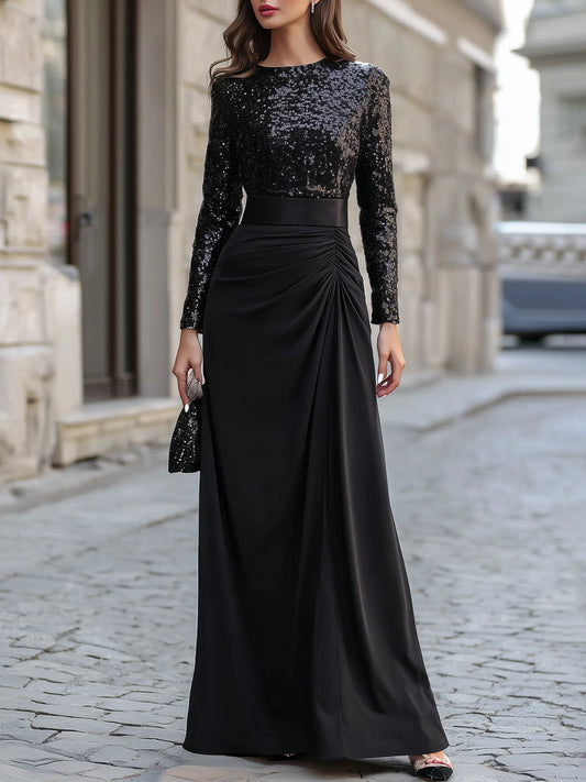 Robe longue froncée à empiècements à sequins