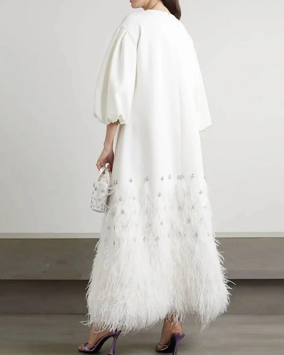 Feather-Trimmed Embellished Recycled-Crepe Gown