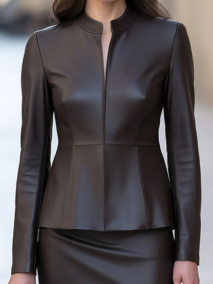 Chocolate Brown Leather Jacket With Mermaid Midi Skirt Set