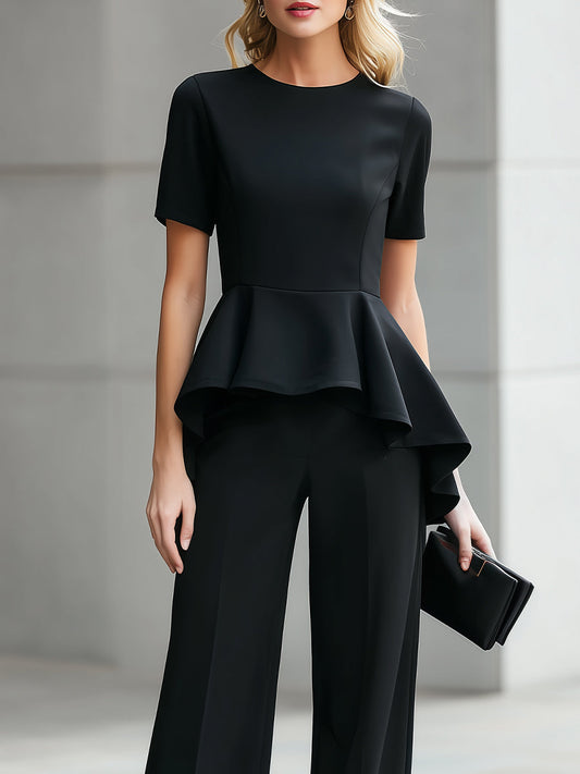 Short-Sleeve Peplum Top & High-Waisted Wide-Leg Trousers Two-Piece Suit