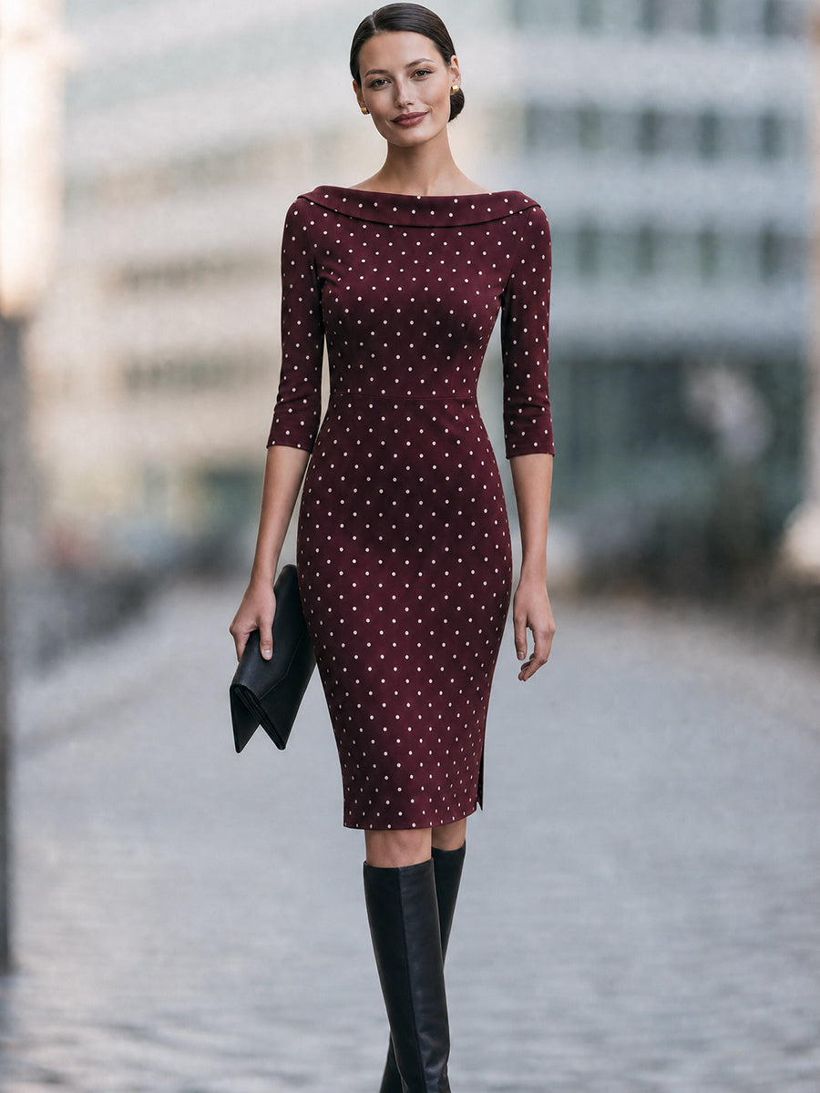 Polka Dot Boat Neck Sheath Midi Dress