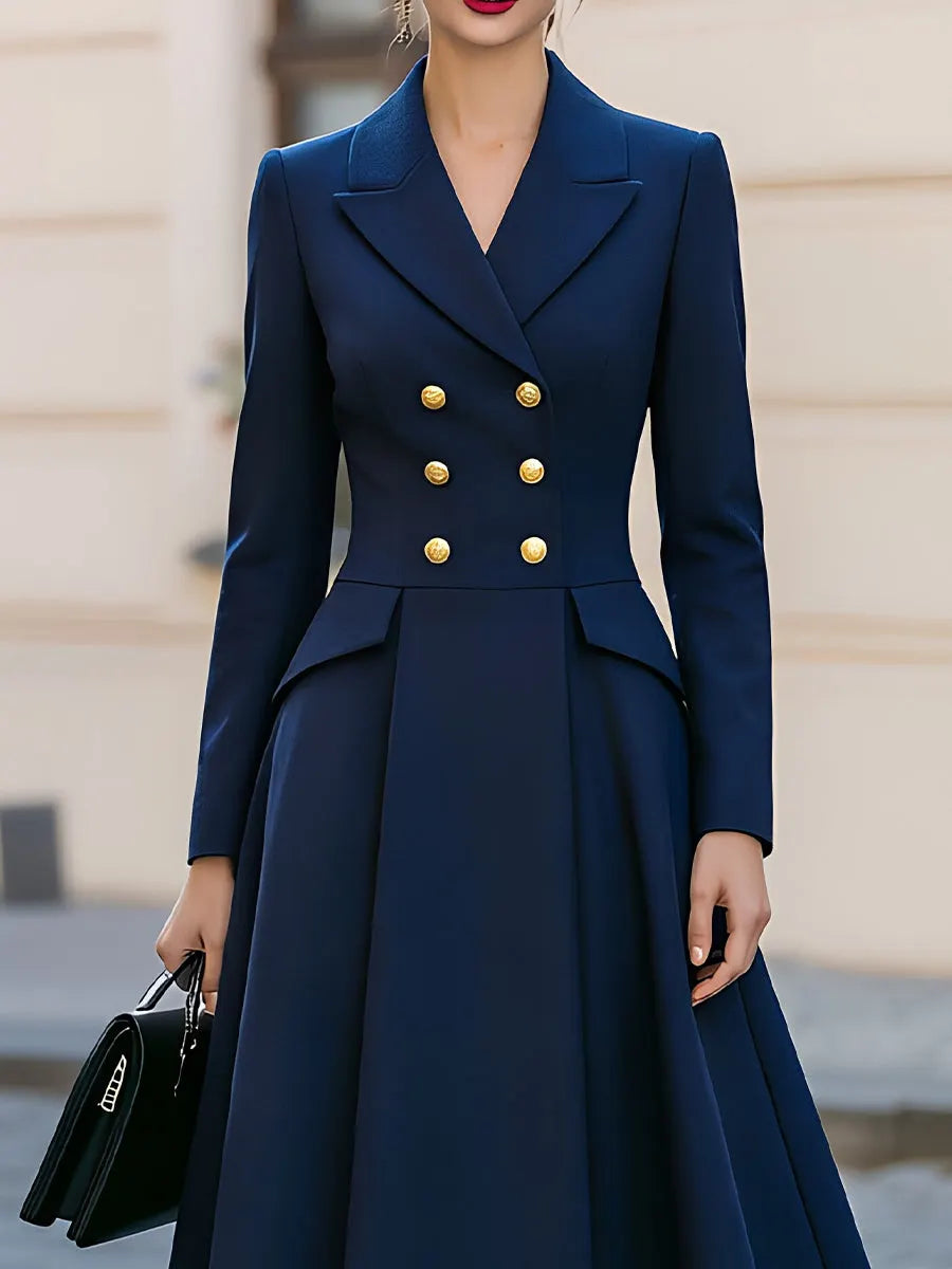 Notched Lapel Double Breasted Gold Button Peplum Flared Midi Dress