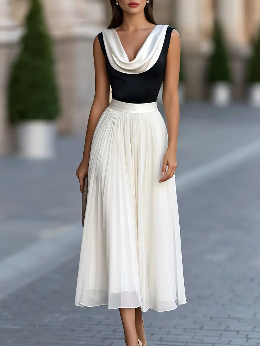 Color-Block Cowl Neck Pleated Midi Dress