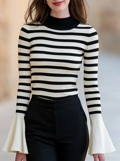 Striped Mock-Neck Flared-Cuff Knit Top