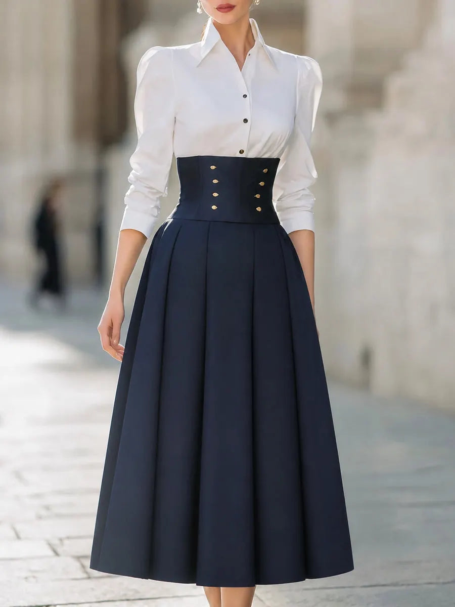 Contrast Collared Long Sleeve A-Line Midi Dress With Button Corset Waist
