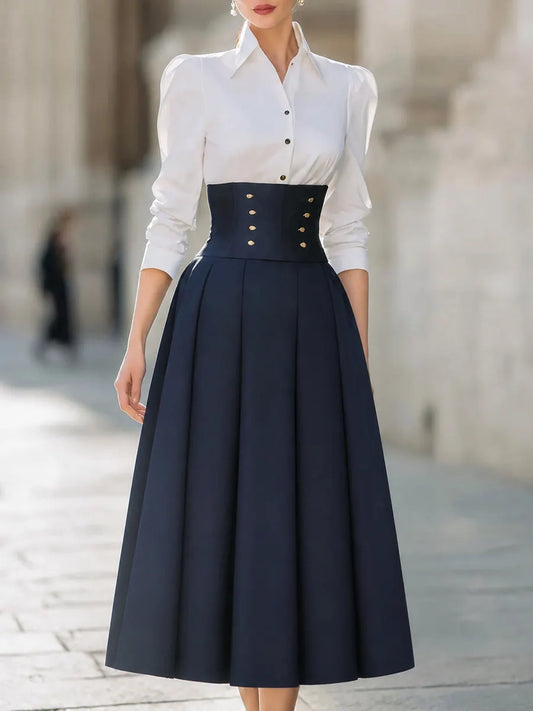 Contrast Collared Long Sleeve A-Line Midi Dress With Button Corset Waist