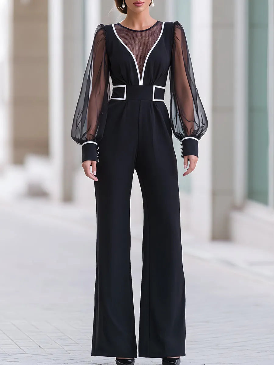 Black Contrast White Trim Sheer Mesh Sleeve Wide Leg Jumpsuit