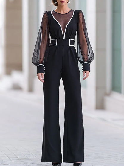 Black Contrast White Trim Sheer Mesh Sleeve Wide Leg Jumpsuit