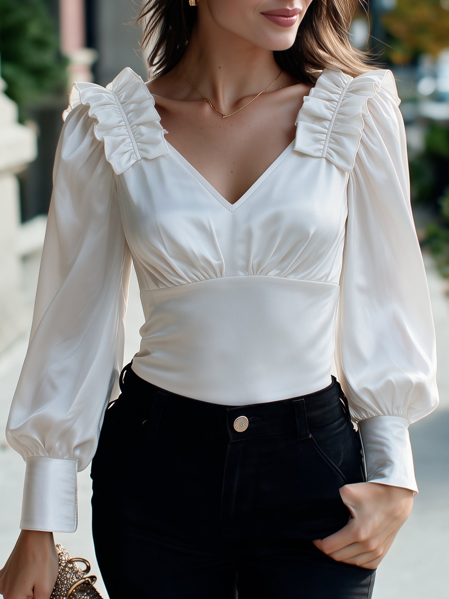 Satin Ruffle Puff-Sleeve Ruched V-Neck Top