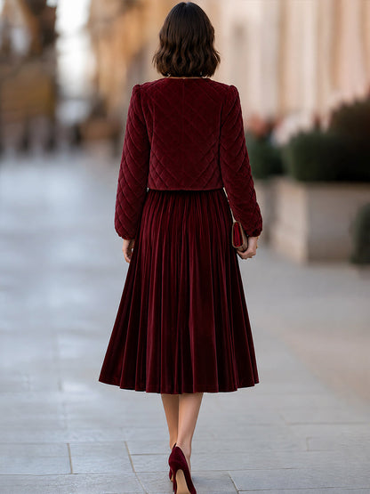 Quilted Velvet Jacket & Pleated Midi Skirt Set