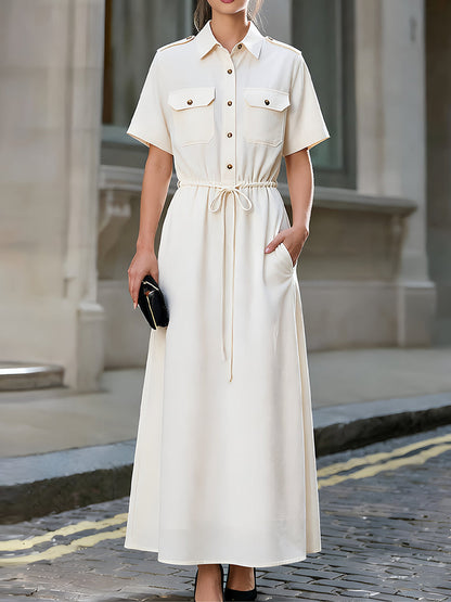 Short-Sleeve Utility Shirt Maxi Dress With Drawstring Waist & Pockets