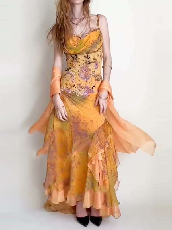 3D Flower mesh Ruffled Sleeveless Spaghetti-Neck Maxi Dresses Fairytale Dress