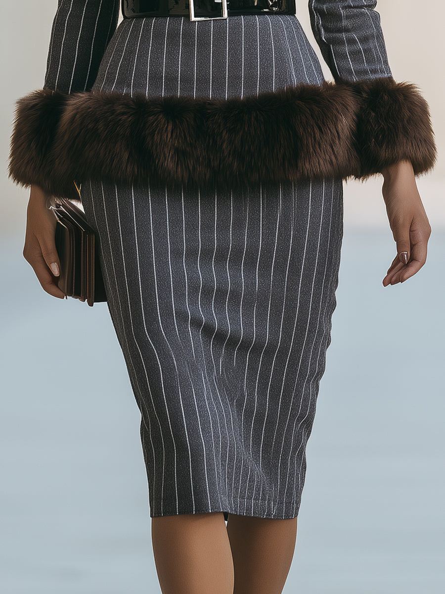 Pinstripe Faux-Fur Cuff Belted Midi Dress