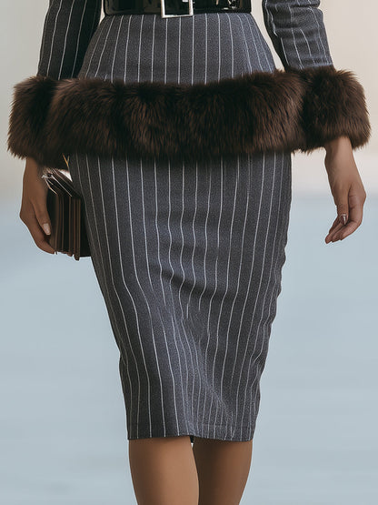 Pinstripe Faux-Fur Cuff Belted Midi Dress