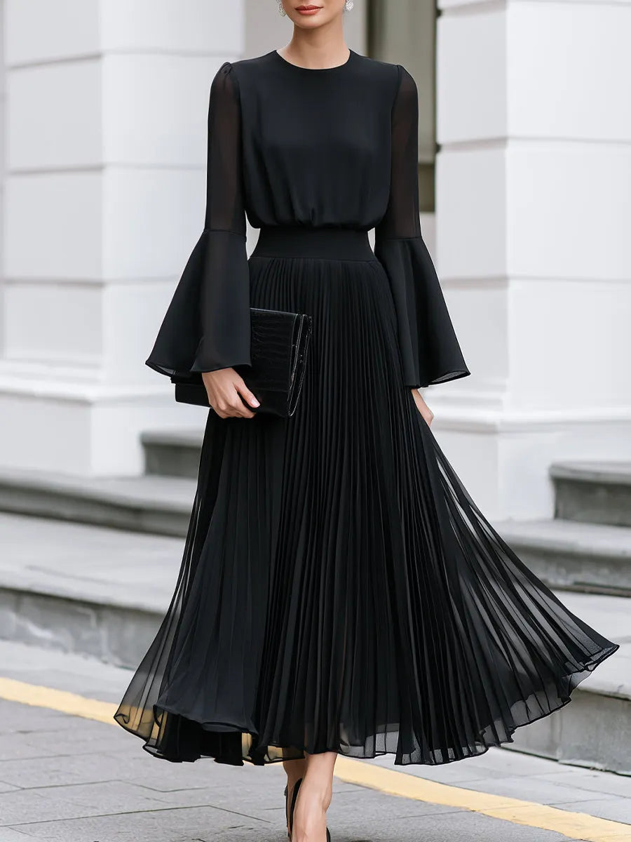 Pleated Chiffon Bell-Sleeve A-Line Maxi Dress
