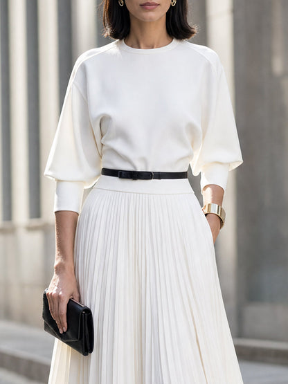Crew-Neck Puff-Sleeve Pleated Maxi Dress