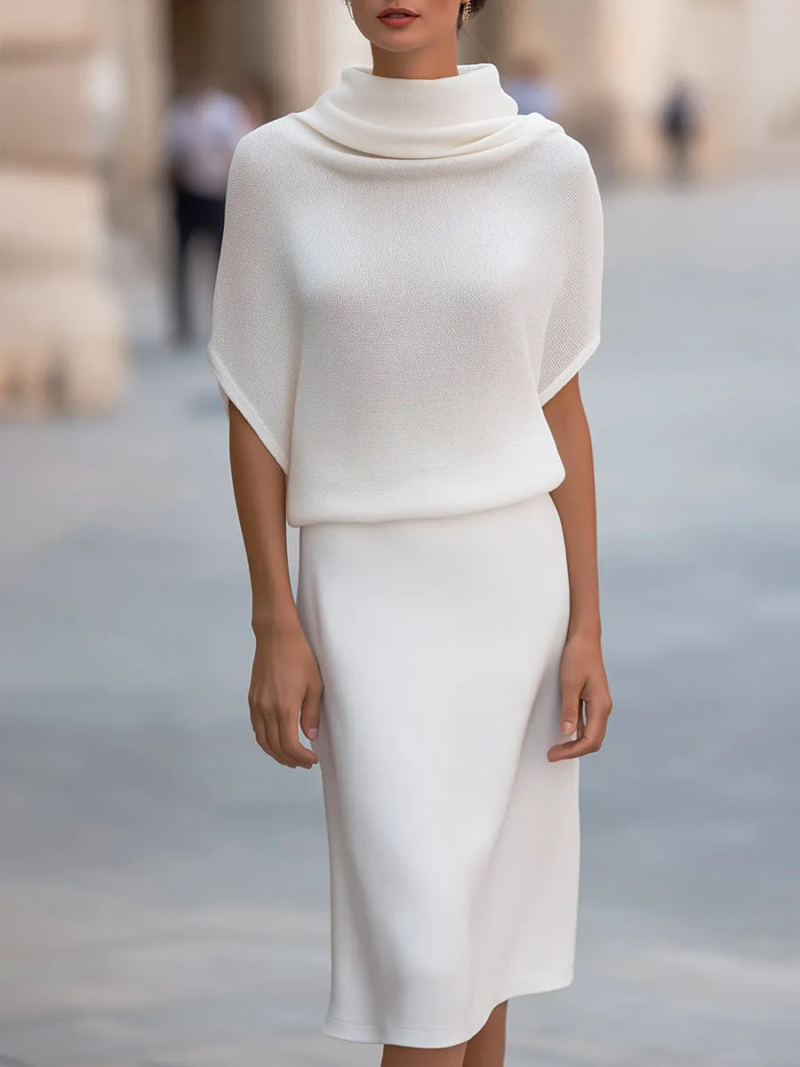 Elegant White Turtleneck Knit Top And Pencil Skirt Set