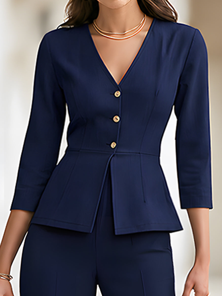 Elegant Navy Blue Peplum Blazer Wide Leg Pants Set