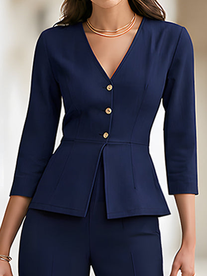 Elegant Navy Blue Peplum Blazer Wide Leg Pants Set