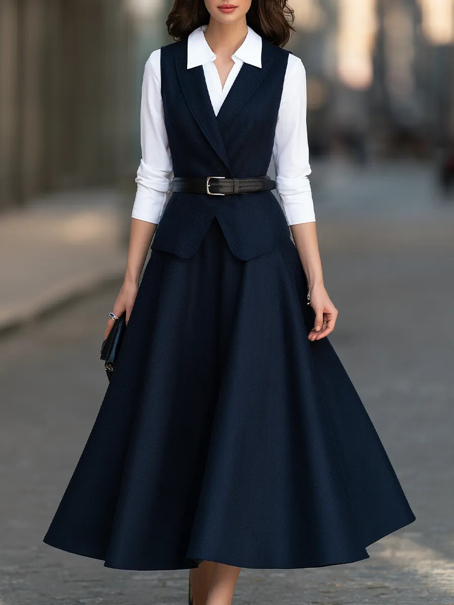 Point-Collar Shirt, Tailored Vest And Flared Midi Skirt Three-Piece Set