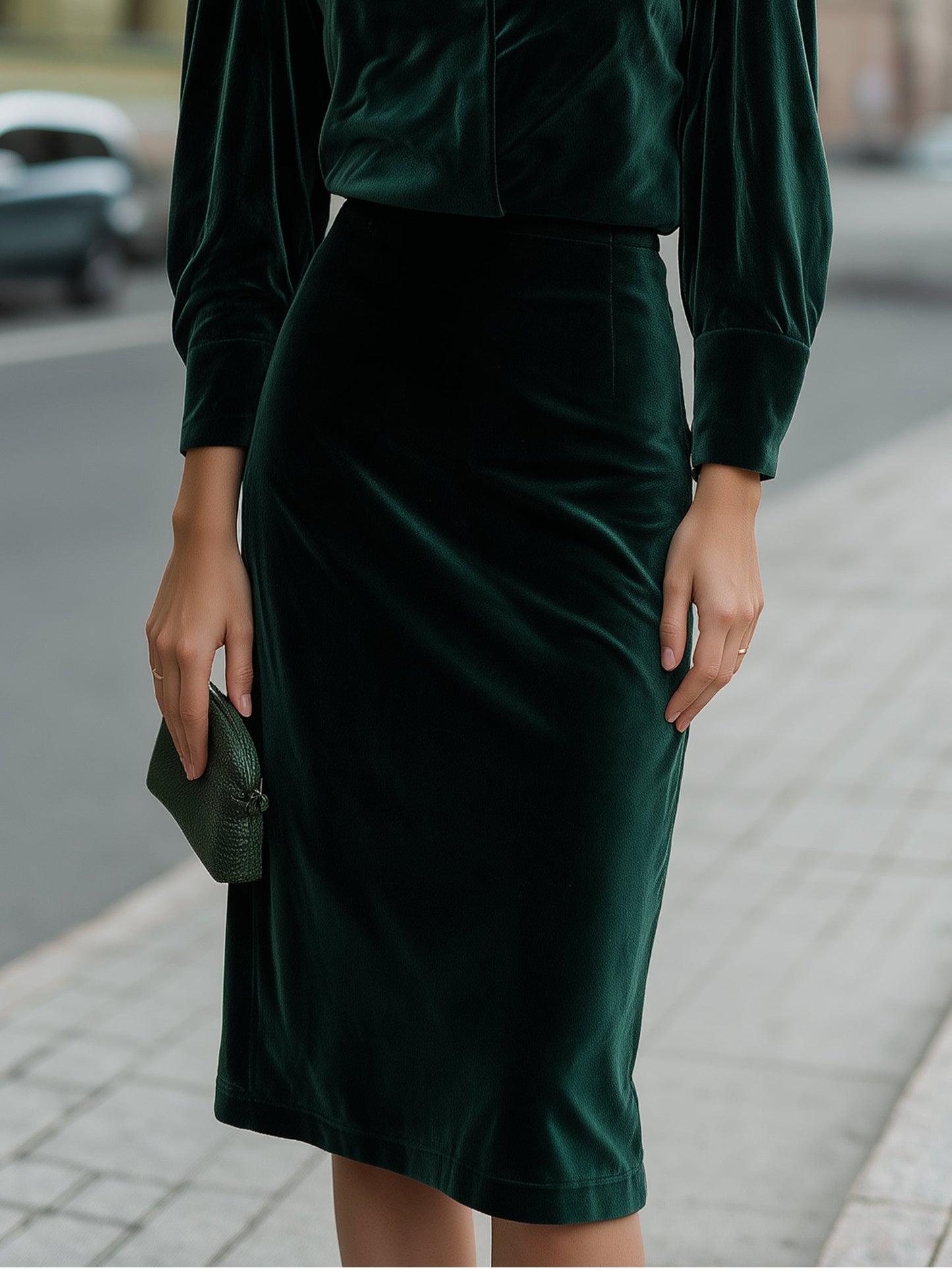 Velvet Puff-Sleeve V-Neck Pencil Midi Dress