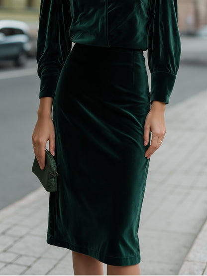 Velvet Puff-Sleeve V-Neck Pencil Midi Dress