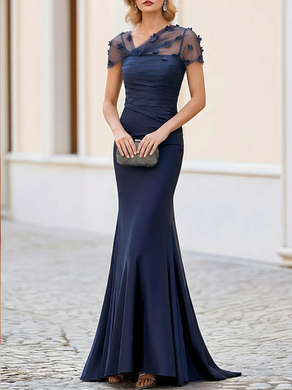 Floral Appliqué Sheer Cape Mermaid Evening Gown
