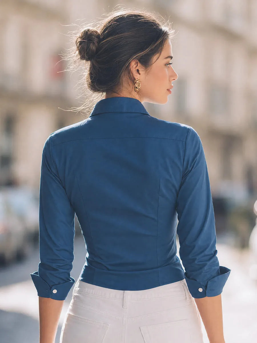 Fitted Button-Front Collared Shirt With Ruched Bust Detail