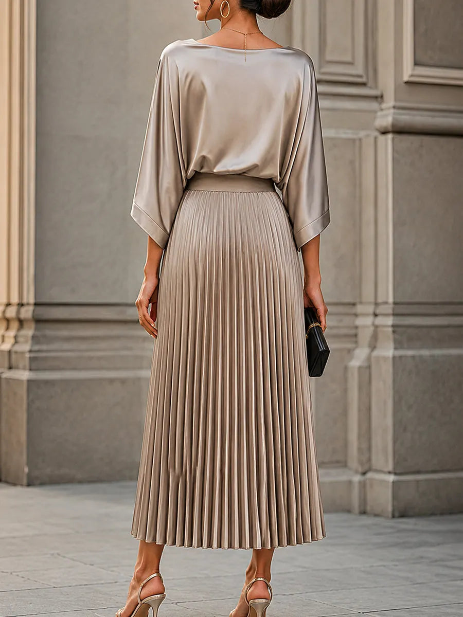 Women's Satin Pleated Midi Skirt with Batwing Sleeve Top Set