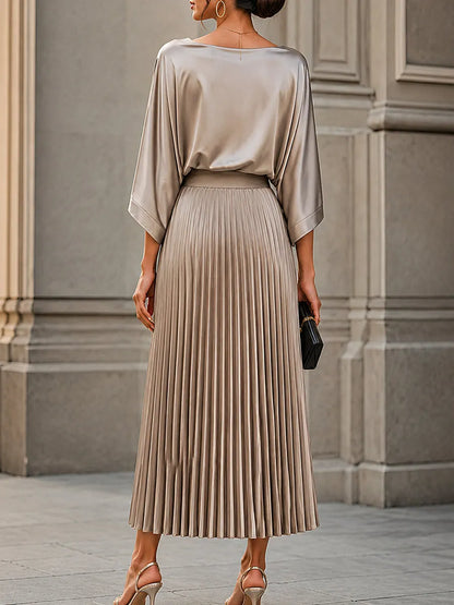 Women's Satin Pleated Midi Skirt with Batwing Sleeve Top Set