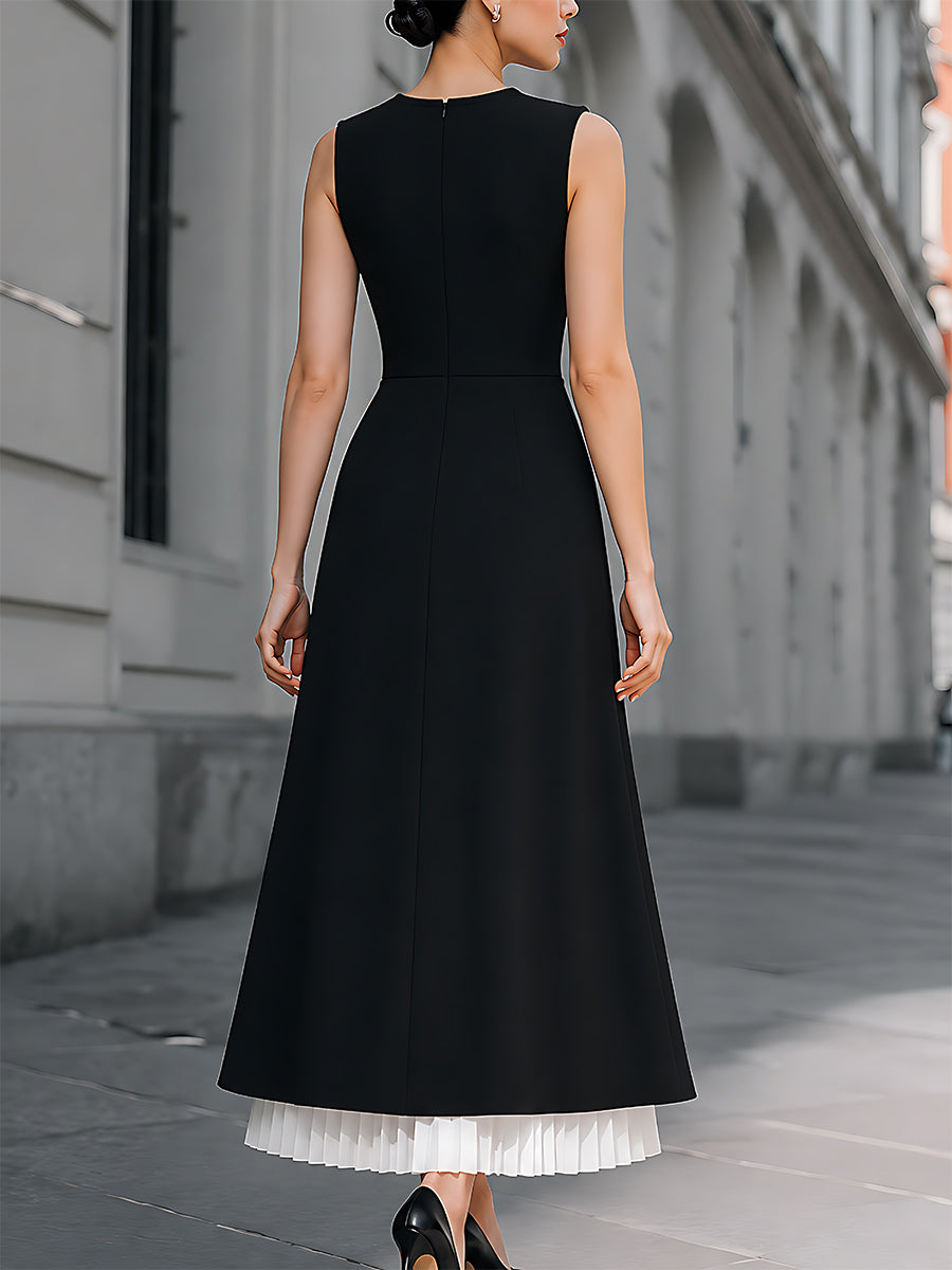 Contrast Pleated Panel Sleeveless Maxi Dress