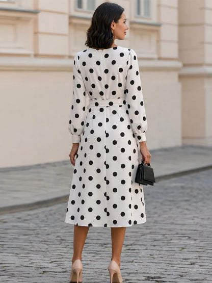 Polka Dot Round Neck Balloon Sleeve Belted A-Line Midi Dress