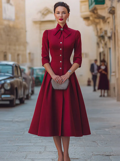 Rhinestone Embellished Bow Collar Red Tailored Swing Midi Dress