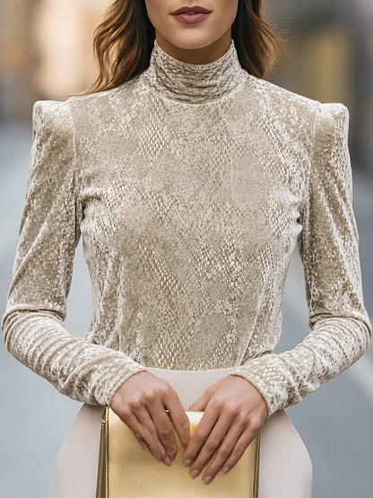 Embossed High-Neck Structured Shoulder Top