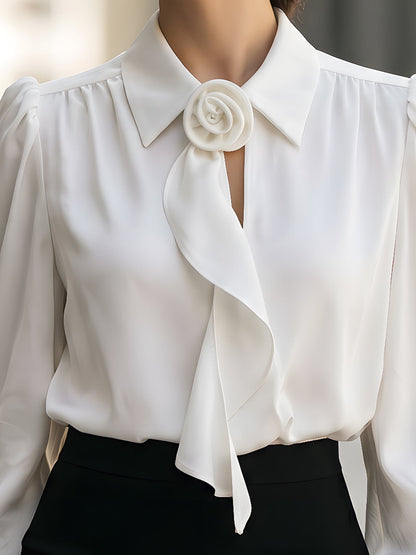 Elegant Floral Brooch Tie-Neck Puff Sleeve Blouse