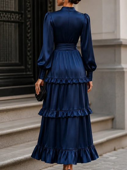 Long Bishop Sleeves Satin Tiered Ruffle Midi Dress