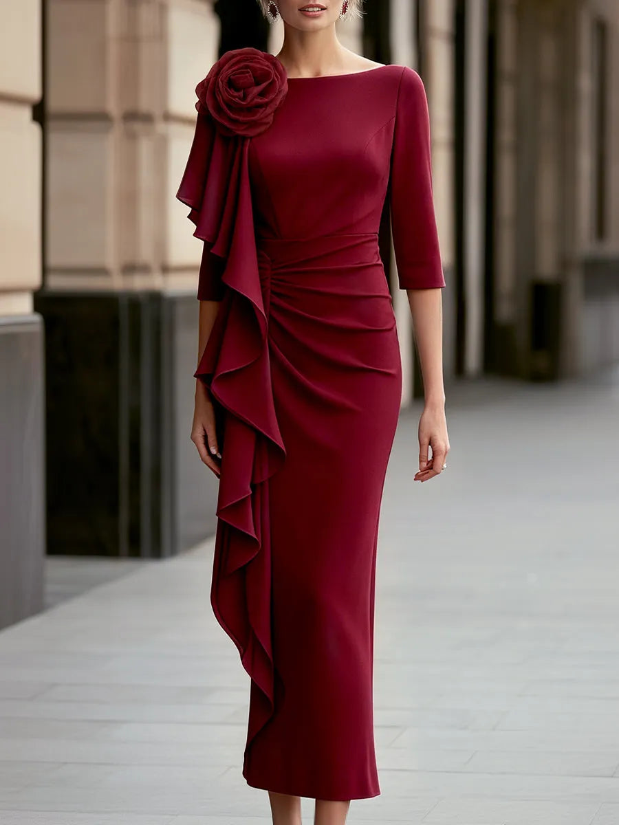 Floral Shoulder Draped Ruffle Detail Maxi Dress