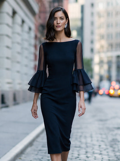 Sheer Tiered Bell Sleeve Sheath Midi Dress